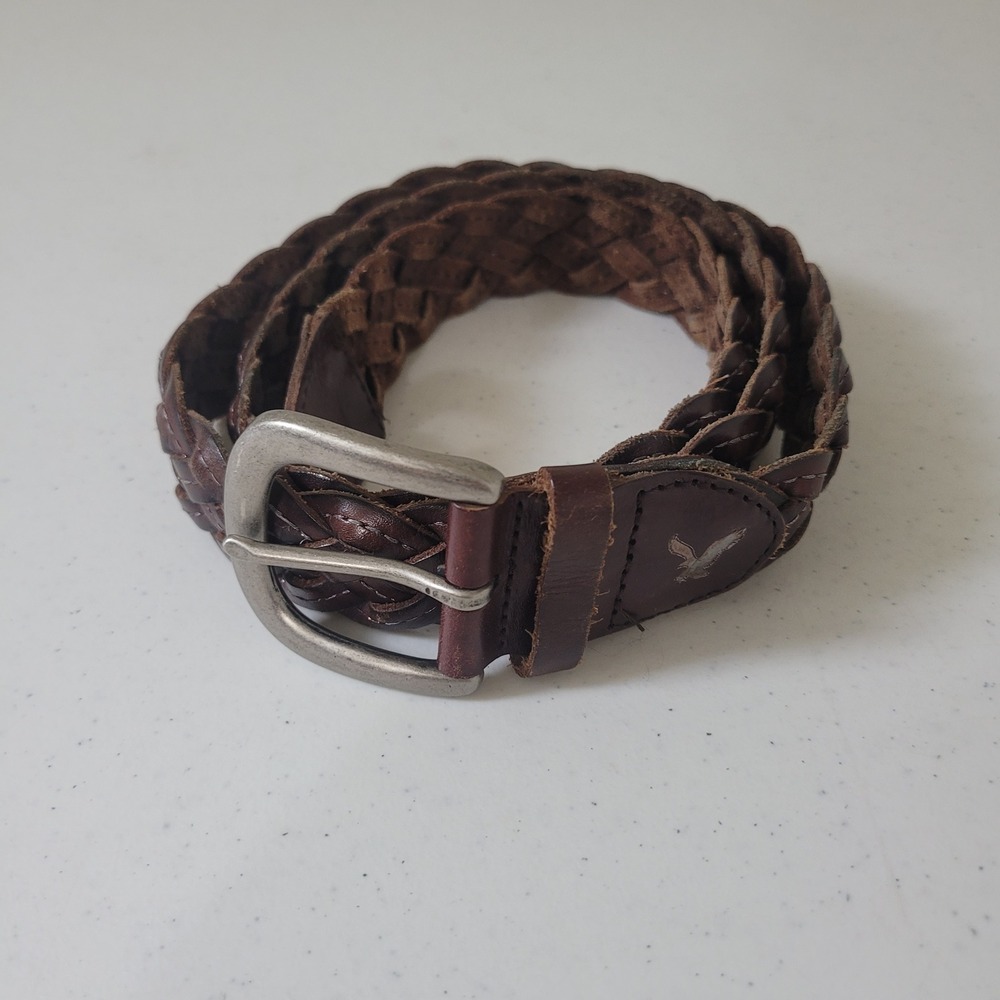 American Eagle Size L/XL Braided Belt Women Dark Brown Leather Silver Buckle